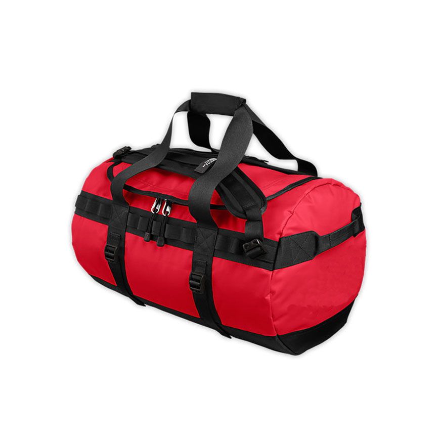 red and black duffle bag